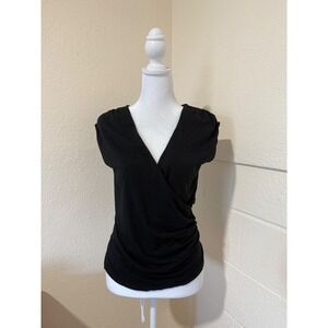 Lands End Top Size S Women's  Black Faux Wrap Ruched Short Sleeve V Neck Goth